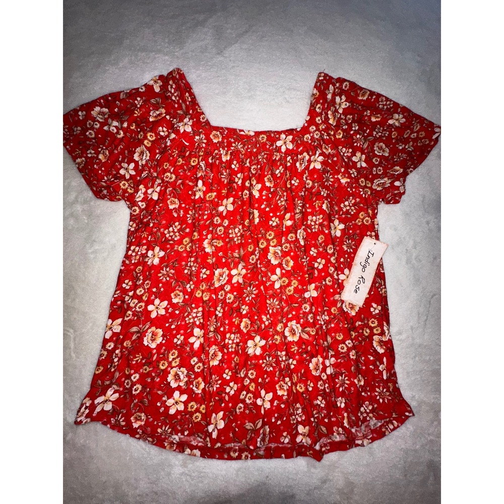 Indigo Rose Floral Print Top Red White Yellow Square Neck‎ Blouse - M